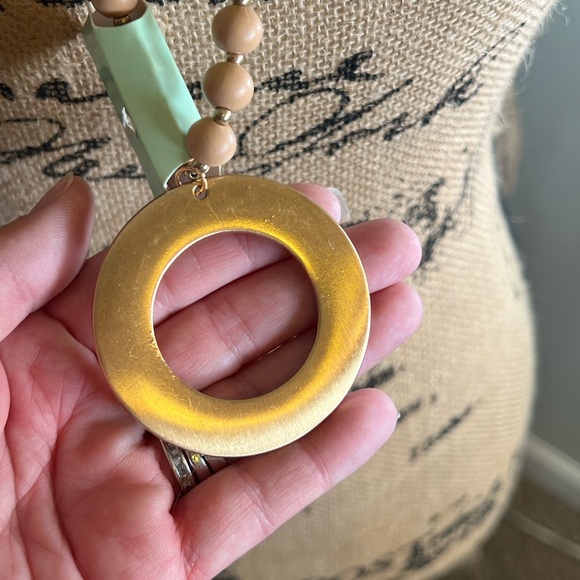 Long Wooden Bead Necklace With Gold Ring - Picture 2 of 7